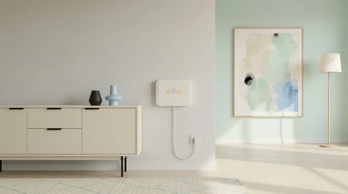 BiXos-Gerät an der Wand eines Wohnzimmers, an eine Steckdose angeschlossen